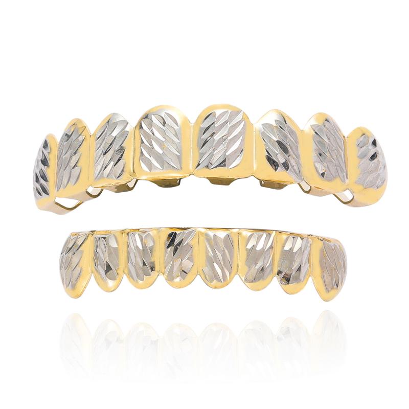 アクセサリー 男女兼用 ヒップホップ グリルズ トゥースジュエリー 真鍮製 8連 透かし彫り バイカラー ゴールドカラー ストリートファッション ダンス 衣装 コスプレ 個性派 イベント 演出小物