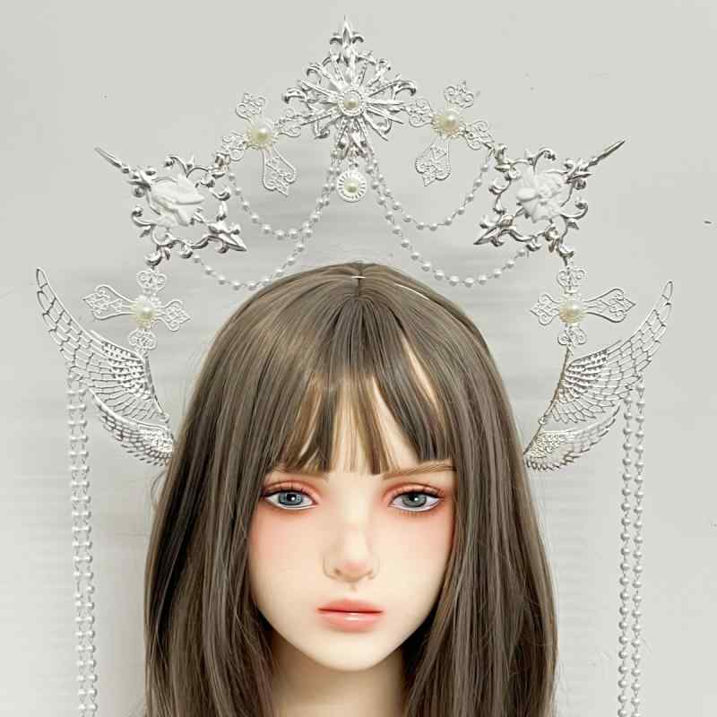 ヘッドドレス ロリータ ユニセックス 太陽 聖母 光輪 王冠 天使 モチーフ 撮影用 コスプレ 小道具 ハンドメイド メタル製 ゴシック ヘアバンド ゴールド シルバー