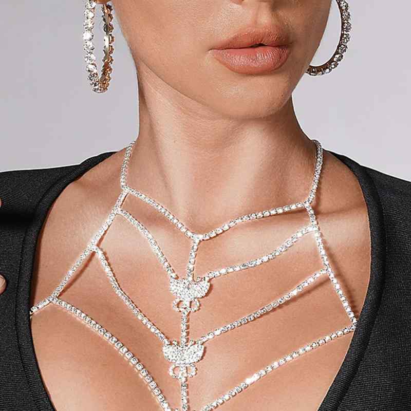 ボディチェーン レディース ラインストーン ビジュー 多層 レイヤード 電気メッキ加工 蝶 チョウ セク..