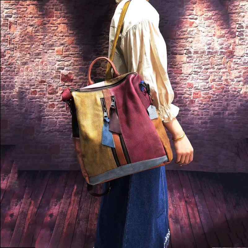 Rucksacks - リュックサック レディース 本革 牛革 高級感 ヴィンテージ風 レトロ PC収納 タブレット収納 2WAY 手提げ 多機能 カジュアル デイパック 旅行 ストリートスタイル 幾何学模様 通勤 お出かけ