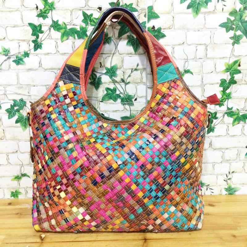 バッグ レディース 本革 牛革 カラフル ストライプ 編み込み 手提げ 肩掛け 斜めがけ ショルダーバッグ 大容量 ファスナー開閉 デイリーユース 鞄