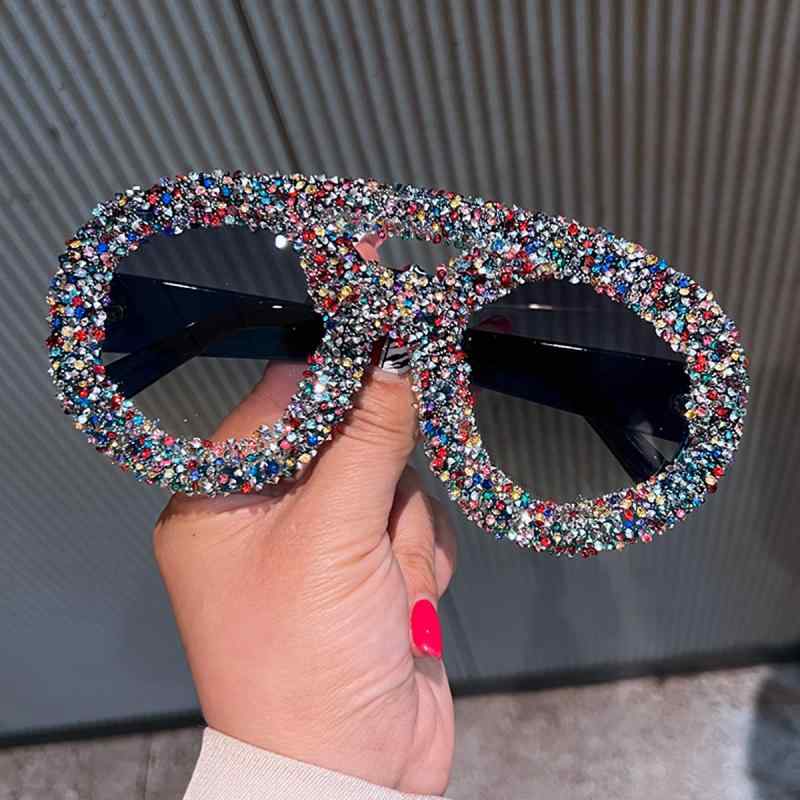 サングラス レディース UV400カット 高級感 欧米風 オーバーサイズ ダブルブリッジ ラインストーン 異形フレーム 個性的 おしゃれ パーティー イベント PC素材