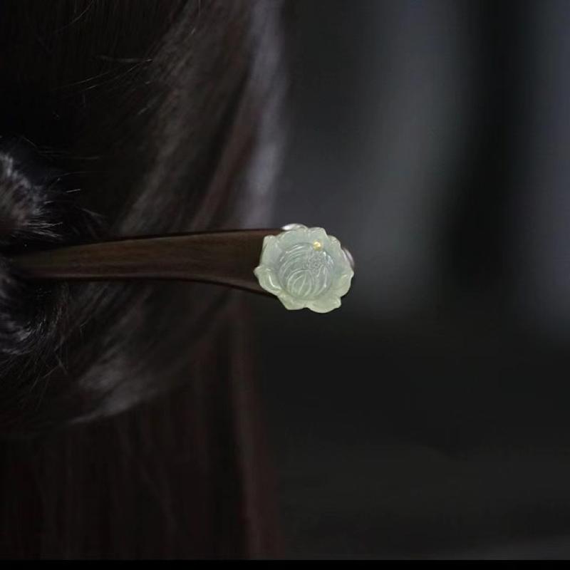 ヘアアクセサリー レディース 岫玉 蓮の花 黒檀木製 かんざし 新中華風 アンティーク調 高級感 和装小..