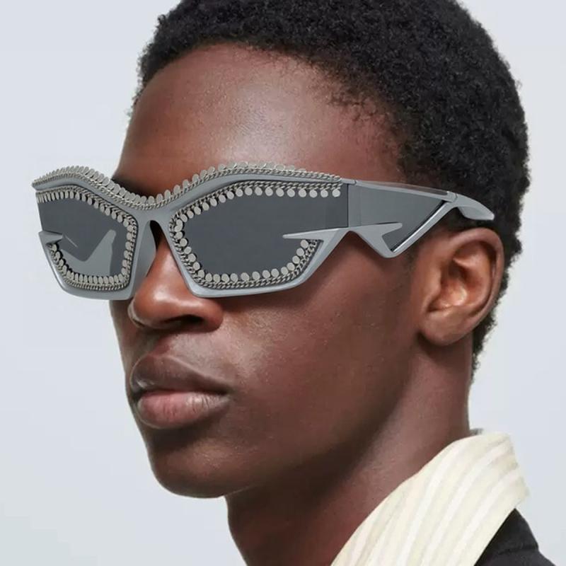 サングラス メンズ レディース 偏光 UVカット パンク Y2K フューチャリスティック レトロ メタルチェーン スクエアフレーム ファッションコーデ ステージ イベント パーティー 旅行 サイクリング ブラック シルバー