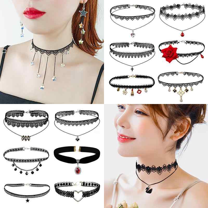 ネックレス レディース レース チョーカー ショートネックレス 選べるデザイン シンプル 個性的 おしゃれ ペンダント 人工水晶 合金素材 電気メッキ加工 オフィス カジュアル デート プレゼント(x2)