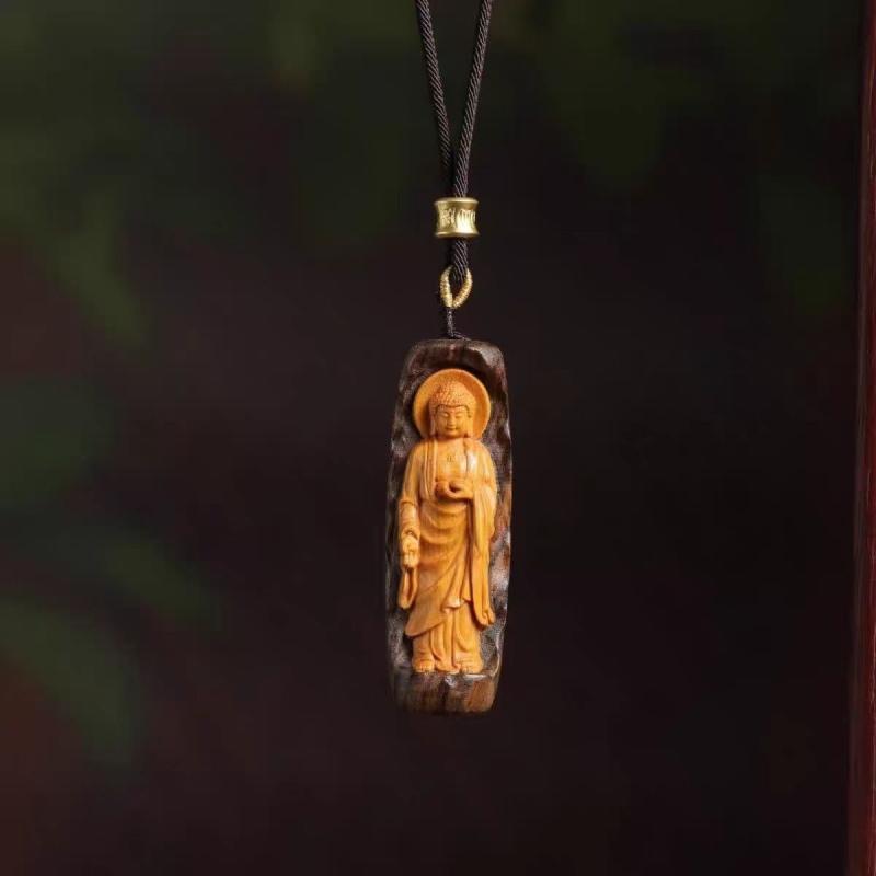 ペンダント 男女兼用 沈香 白檀 象嵌細工 立ち観音 如来 彫刻 仏像 沈香木製ペンダントトップ ネックレ..
