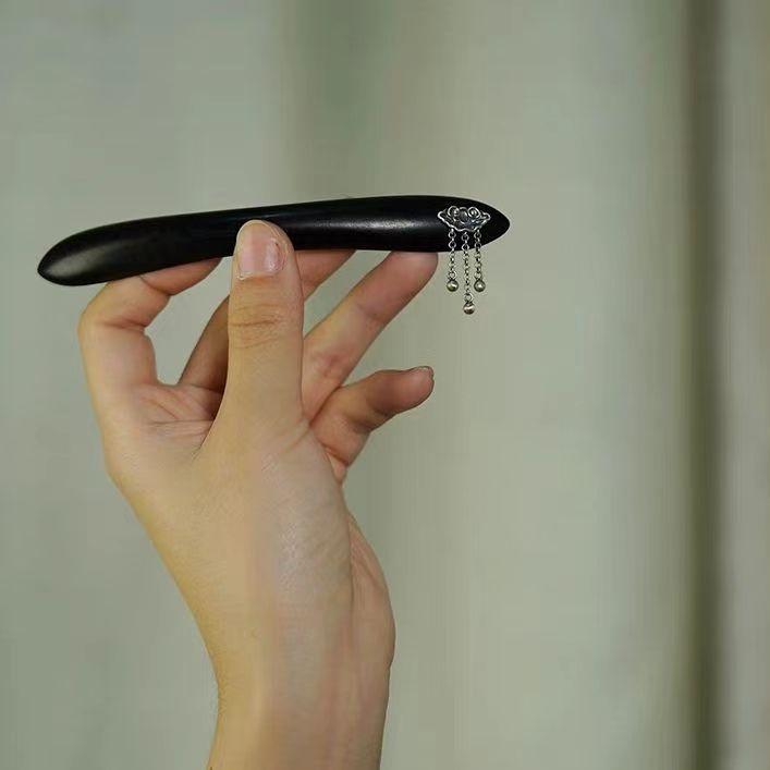 かんざし 天然黒檀 木製 二本足 逆差し 手作り 幾何学模様 月モチーフ ショート 短め アップヘア まとめ髪 夜会巻き 春夏 レトロ アンティーク 和風 エレ...