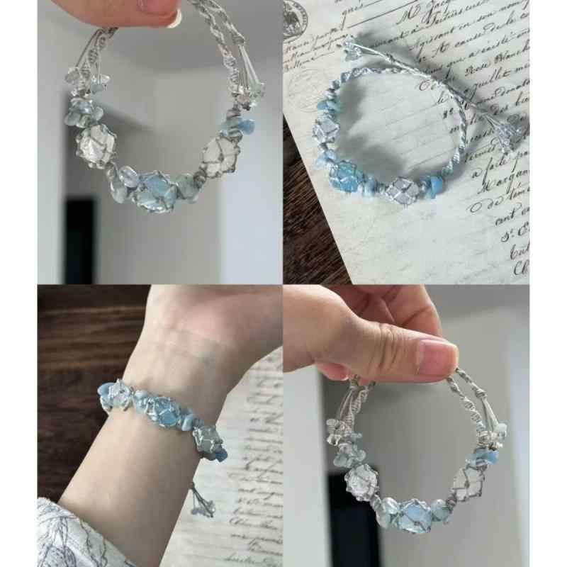 ブレスレット レディース 天空の鏡 アクアマリン ホワイトクリスタル 手編み コード 華奢 上品 シンプ..