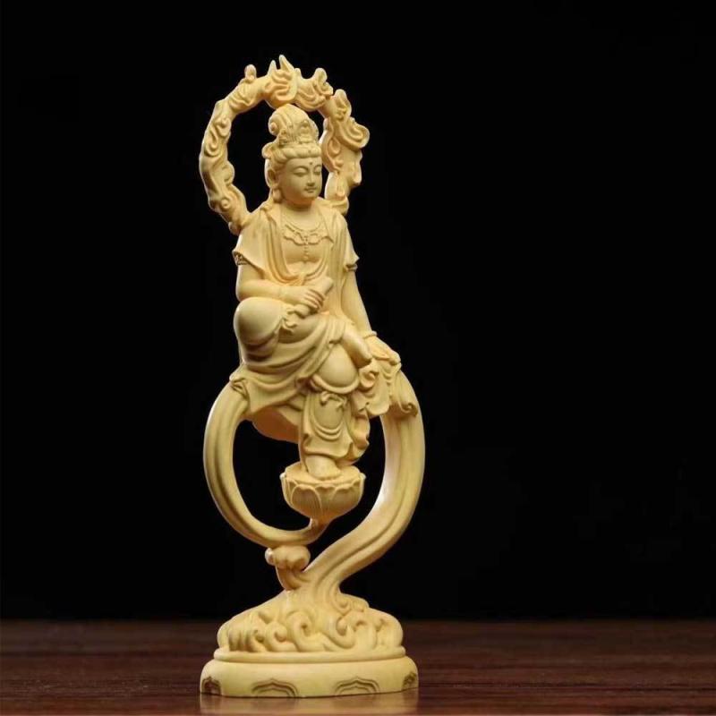 仏像 崖柏製 蓮花 巻軸デザイン 水月自在観音 木彫り 置物 手彫り 精巧な彫刻 工芸品 オブジェ リビン..