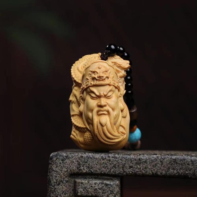 木彫り 置物 黄楊木 精緻彫刻 御龍 関羽 関公 武神 財神 商売繁盛 開運 ラッキーアイテム お守り インテリア 手持ち飾り フィギュア