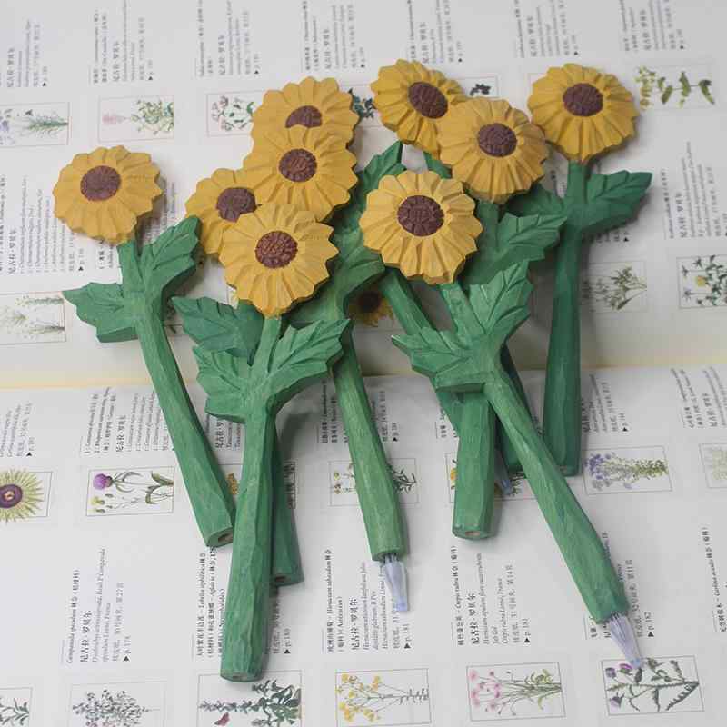 ペン 木製 木彫り ひまわり デザイン ジェルボールペン 0.38mm芯 極細 高級感 オフィス 文房具 記念品 ..