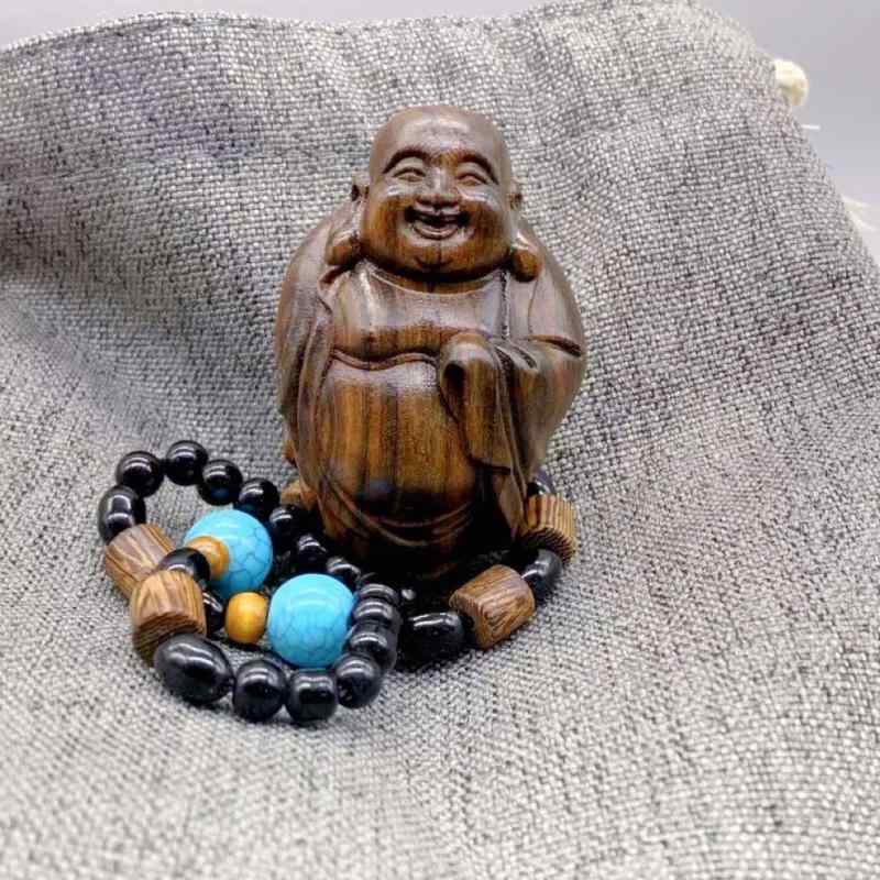 置物 インドネシア ダラガン 白檀 念珠弥勒菩薩像 木彫り 手のひらサイズ 開運祈願 縁起物 デスク インテリア アジアンテイスト