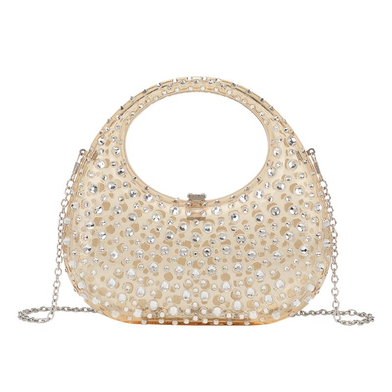 バッグ レディース クラッチバッグ 半月型 アクリル製 クリア キラキラ ジルコニア ロック開閉 スマホ収納 硬め おしゃれ パーティー 結婚式 披露宴 二次会 フォーマル お呼ばれ イブニングバッグ