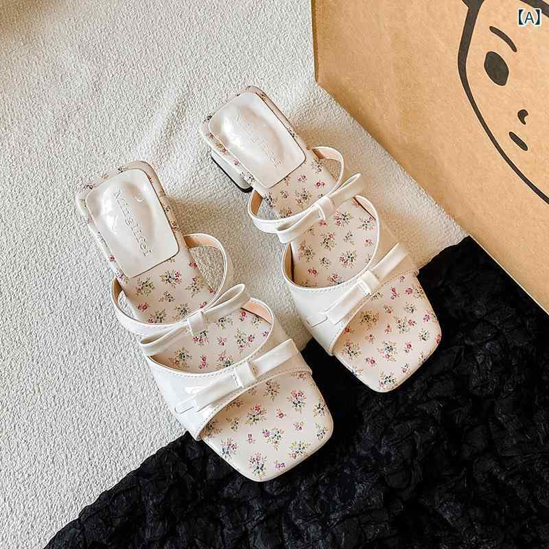 サンダル レディース チャンキーヒール ミュール スクエアトゥ リボン 牛革 羊革 ...