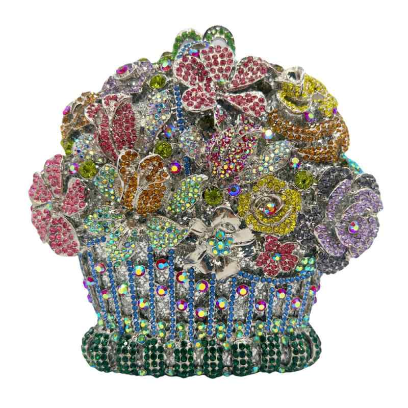 クラッチバッグ レディース 女性用 メタル 透かし彫り ラインストーン クリスタル装飾 フラワーモチーフ 花かご型 イブニングバッグ パーティーバッグ 結婚式 二次会 お呼ばれ ハードタイプ マグネット開閉 ゴールド シルバー