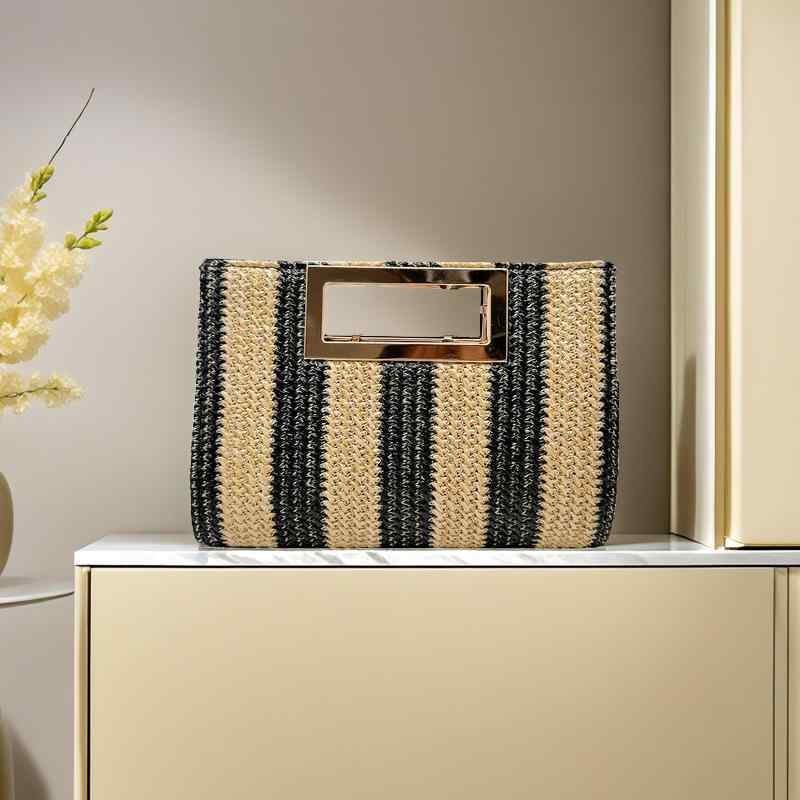 バッグ レディース 草編み クラッチバッグ 高級感 編み込み デイリーユース 多用途 パーティー 結婚式 披露宴 欧米風 大人カジュアル ポリエステル素材 横長スクエア型 スマホポケット マグネット開閉 黒 紺