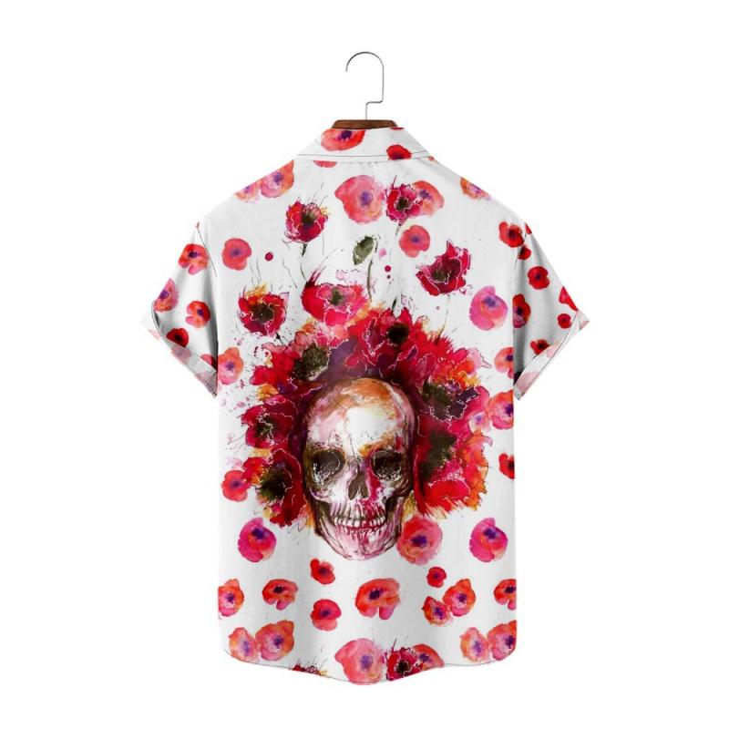 シャツ メンズ 軽量 薄手 ウォッシャブル 半袖 襟付き ゆったり ルーズフィット 3Dプリント スカル柄 ..