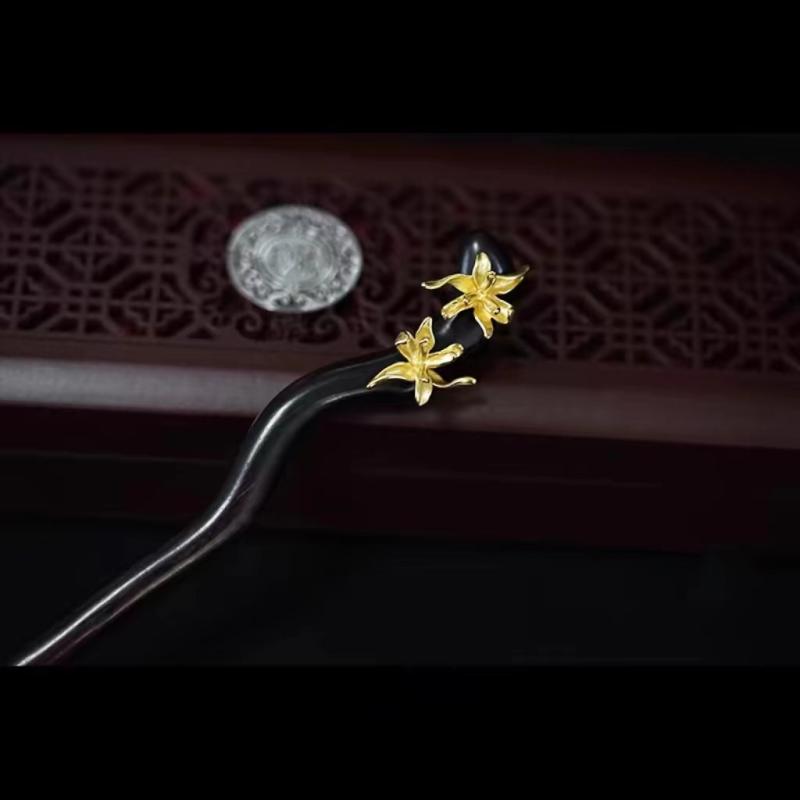 かんざし レディース 黒檀 天然木 アイリス 花モチーフ レトロ 上品 まとめ髪 アップスタイル ヘアアクセサリー 清楚な高級感 女性用