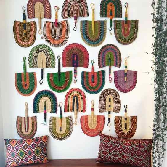 壁掛け ボヘミアン エスニック リゾート風 シーグラス 草編み 天然素材 扇形 リビング 寝室 ベッドルー..