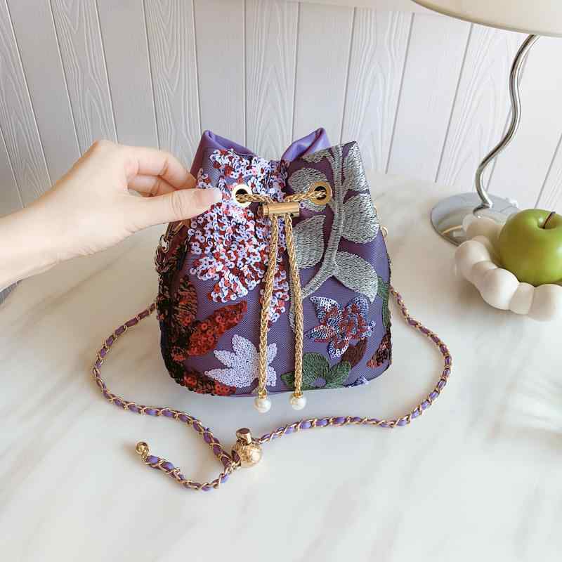 バッグ レディース バケットバッグ スパンコール バイカラー メッシュ 刺繍 切り替え PVC素材 ミディア..