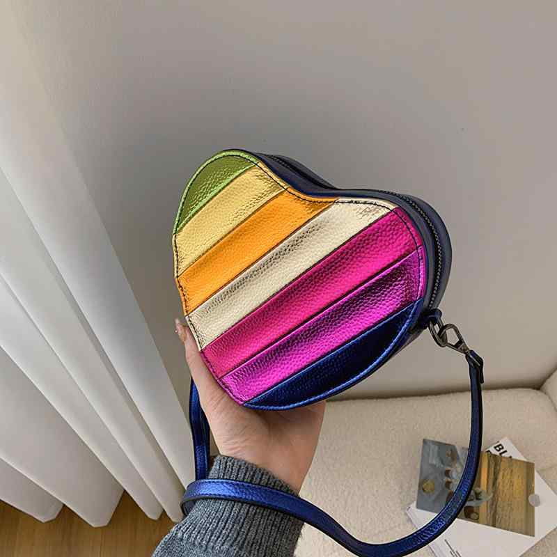 バッグ レディース かわいい ハート型 カラフル 配色切り替え レインボー切り替え 個性的 PUレザー ショルダーバッグ 斜めがけ ファスナー開閉 デイリーユース