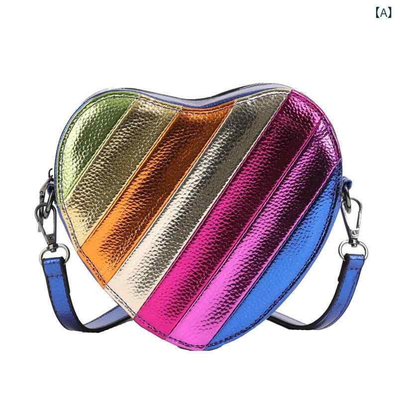 バッグ レディース かわいい ハート型 カラフル 配色切り替え レインボー切り替え 個性的 PUレザー ショルダーバッグ 斜めがけ ファスナー開閉 デイリーユース 2