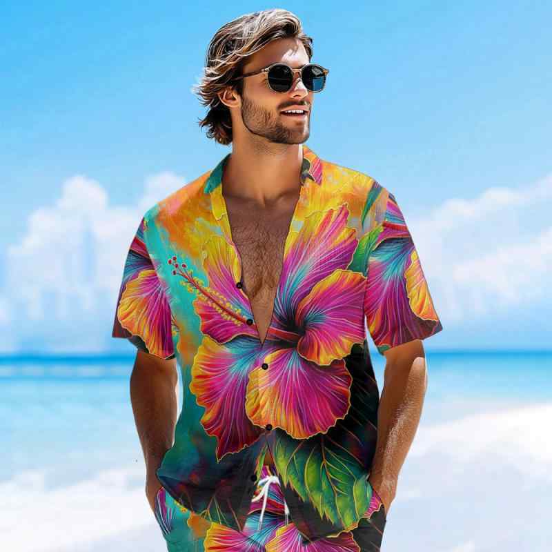 シャツ メンズ 春夏 半袖 花柄プリント 開襟 薄手 通気性 ストレッチ ウォッシャブル ゆったり カジュアル ストリート ボタン