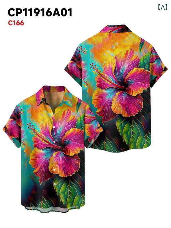 シャツ メンズ 春夏 半袖 花柄プリント 開襟 薄手 通気性 ストレッチ ウォッシャブル ゆったり カジュアル ストリート ボタン