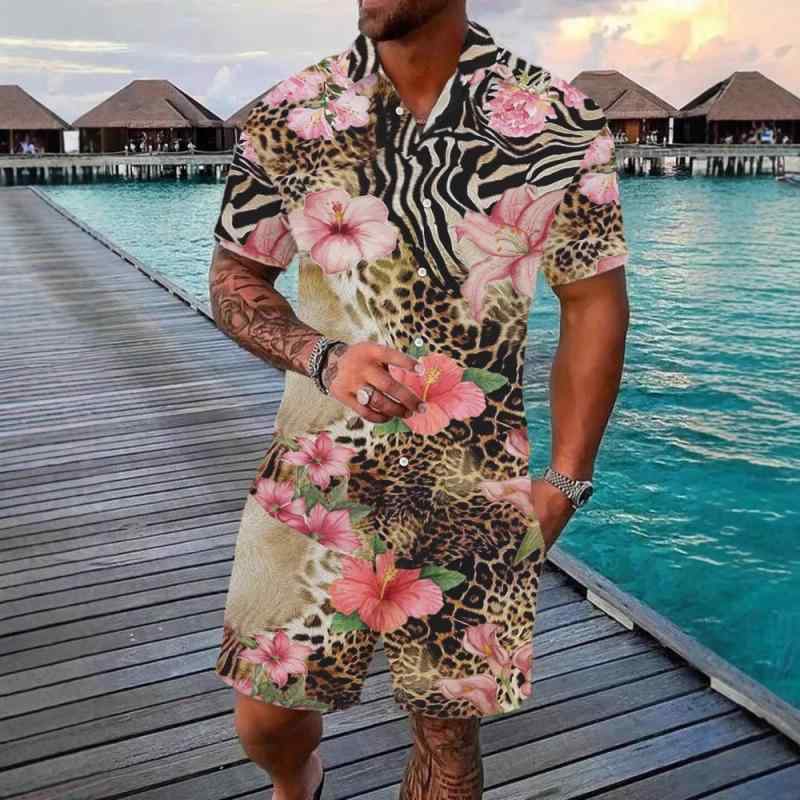 セットアップ メンズ 吸汗速乾 ポリエステル 3Dプリント ハワイアン ルーズフィット オーバーサイズ 半袖シャツ ショートパンツ 2点セット ビーチ スポーツ レジャー リゾート 部屋着 カジュアル 夏服
