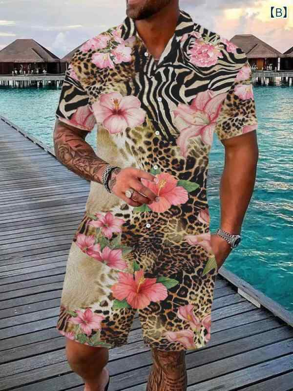 セットアップ メンズ 吸汗速乾 ポリエステル 3Dプリント ハワイアン ルーズフィット オーバーサイズ 半袖シャツ ショートパンツ 2点セット ビーチ スポーツ レジャー リゾート 部屋着 カジュアル 夏服