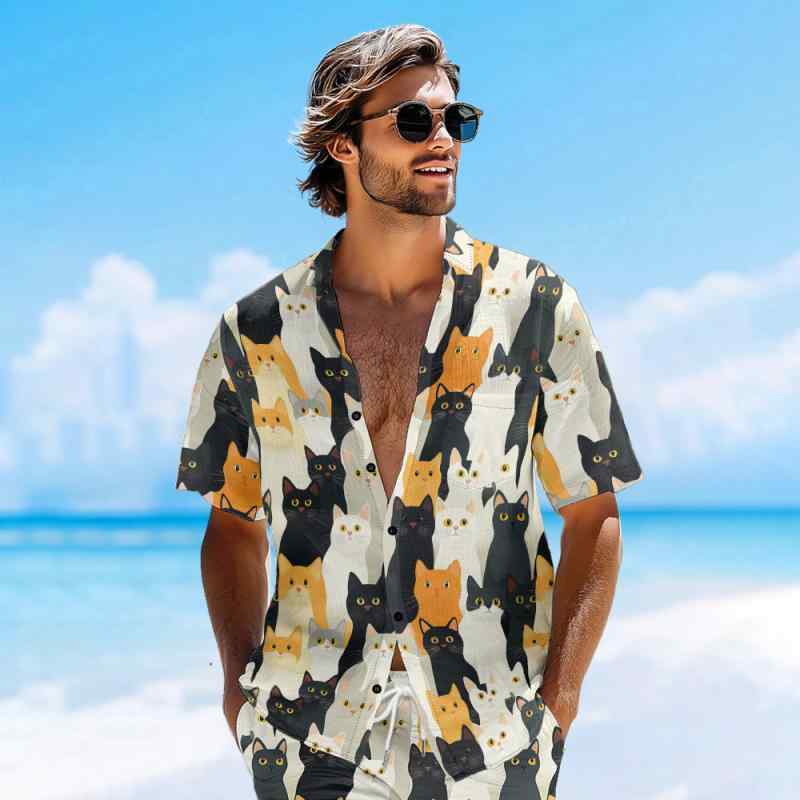 シャツ メンズ レディース ユニセックス 猫柄 花柄 アロハシャツ 半袖 ゆったり オーバーサイズ レトロストリート カジュアル おしゃれ ペアルック 通気性抜群 洗濯可能 速乾 ポリエステル 夏