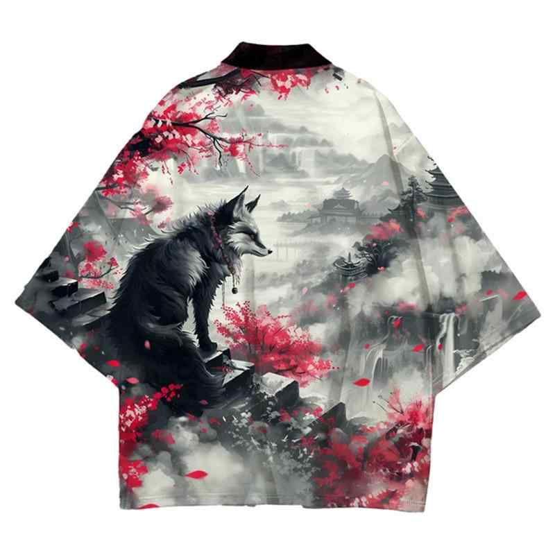 ルームウェア 男女兼用 薄手 ストレッチ 接触冷感 狐柄 和柄 デジタルプリント 二次元 原宿系 和服風 ガウン カーディガン 羽織り 部屋着 春夏