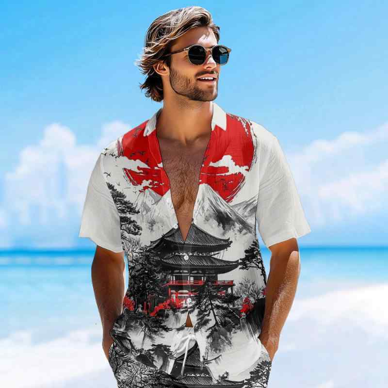 シャツ メンズ アロハシャツ 浮世絵柄 プリント 開襟 半袖 カジュアル ストリートファッション ゆったり 通気性 薄手 洗濯機対応 ハワイアン リゾート ビーチ 春夏