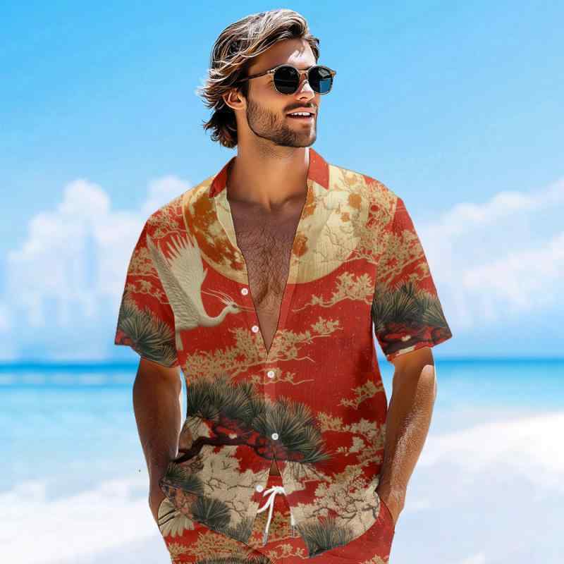 シャツ メンズ 浮世絵 オリジナル 花柄 アロハシャツ 通気性 ストレッチ リゾート バカンス ビーチ 薄手 開襟 オープンカラー 半袖 ボタン カジュアル 洗濯可能 配色デザイン 夏 男性用