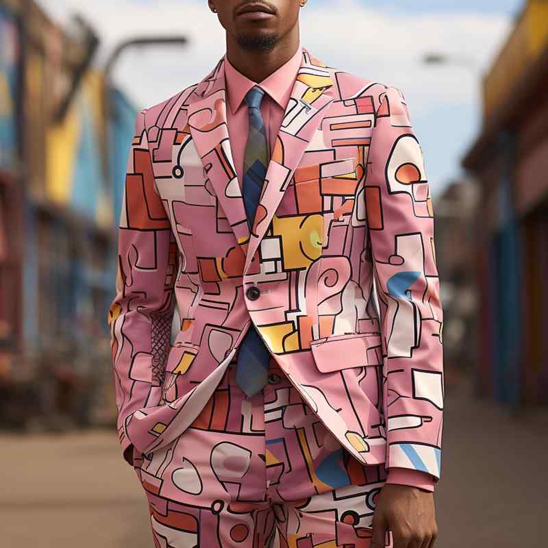 スーツ メンズ 男性用 デジタルプリント 総柄 光沢感 スリムフィット セットアップ ジャケット スラックス パーティー ステージ衣装 ダンス クラブ イベント 通気性 ウォッシャブル オールシーズン ストリート