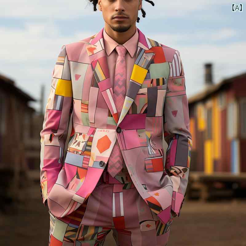 スーツ メンズ 男性用 デジタルプリント 総柄 光沢感 スリムフィット セットアップ ジャケット スラックス パーティー ステージ衣装 ダンス クラブ イベント 通気性 ウォッシャブル オールシーズン ストリート