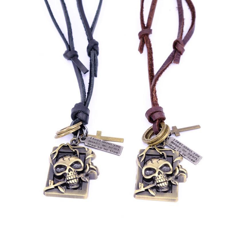 ネックレス メンズ 男性用 韓国風 個性的 レトロ おしゃれ スカル ドクロ 牛革 レザー 合金製 電気メッキ加工 ブラウン ブラック カジュアル ストリート ファッション アクセサリー ロングネックレス ギフト(4)