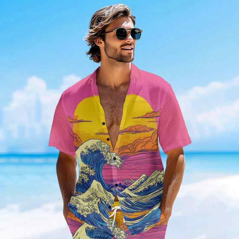 シャツ メンズ 通気性 吸汗速乾 洗濯可能 四面ストレッチ 薄手 ストリート 日本風 浮世絵 花柄 アロハシャツ 開襟 オープンカラー ゆったり オーバーサイズ 切り替え デジタルプリント カジュアル リゾート ルームウェア 春夏