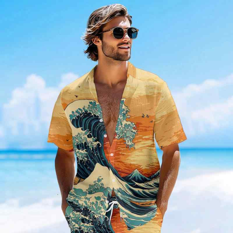アロハシャツ メンズ 通気性抜群 速乾 洗濯機洗いOK 浮世絵柄 個性派 花柄 ハワイアン リゾート 開襟 半袖 薄手 ゆったり オーバーサイズ 切り替えデザイン ストリート系 ポリエステル サマー カジュアルスタイル