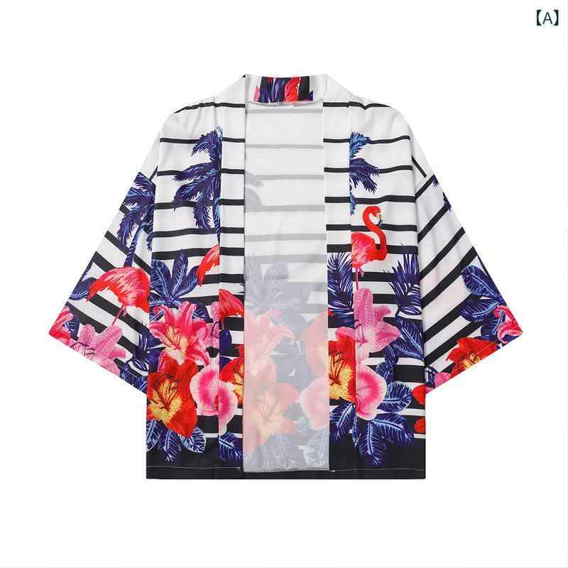 羽織 メンズ 和柄 浮世絵 小花柄 総柄 日系 着物風 ゆったり ルーズシルエット ビッグシルエット UVカット 日焼け対策 速乾性 ポリエステル素材 七分袖 春夏