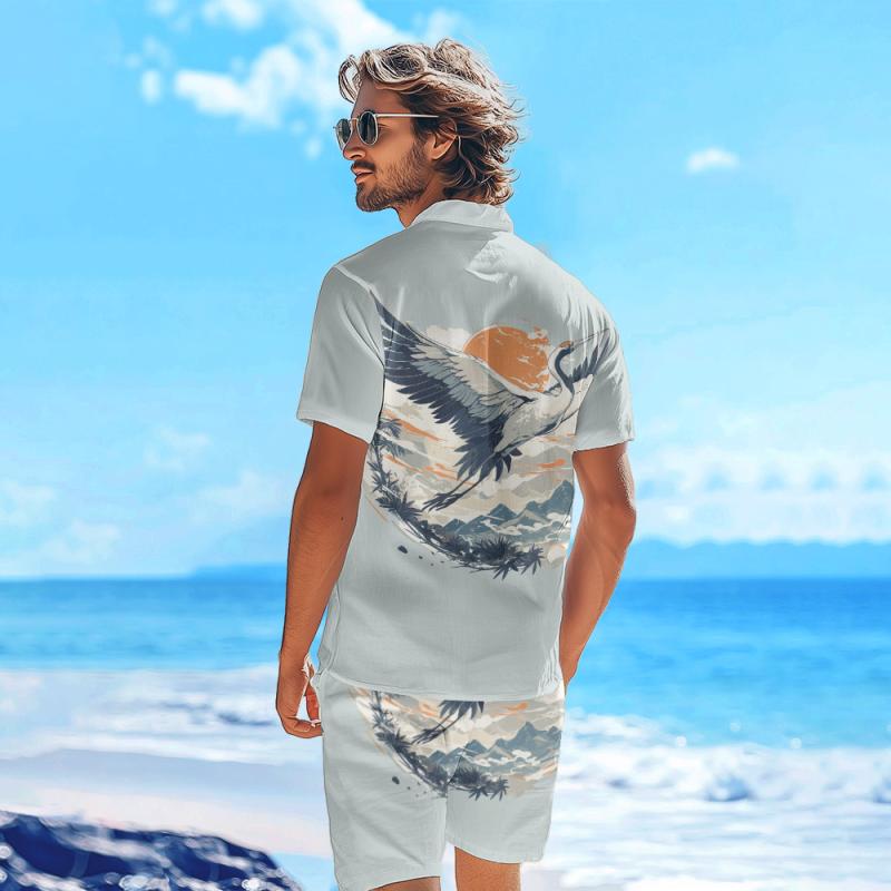 セットアップ メンズ 春夏 ゆったり カジュアル リラックス ビーチ リゾート 浮世絵プリント 半袖シャツ ショートパンツ 上下セット 伸縮性 ストレッチ素材 快適 ルームウェア(4)