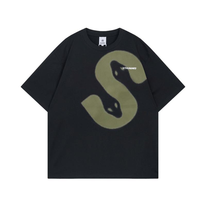 Tシャツ メンズ レディース ユニセックス ゆったり ルーズフィット コットンブレンド レタープリント ネオチャイニーズ ストリート ヒップホップ風 半袖 五分袖 カジュアル 春夏 黒 アプリコットカラー