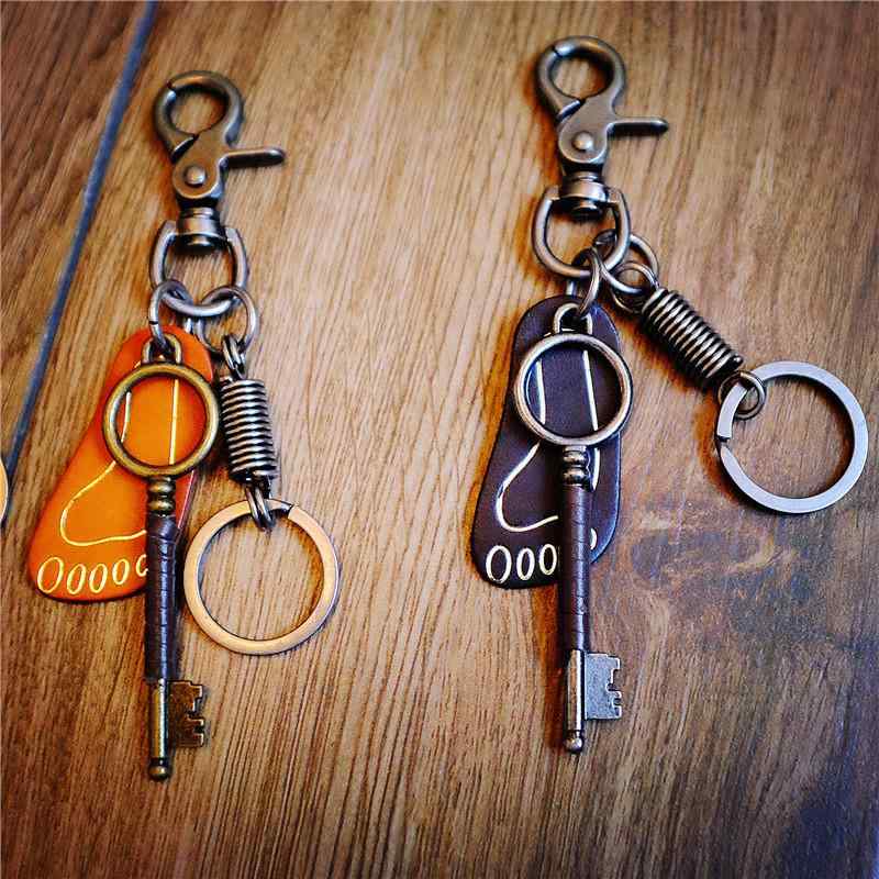 キーホルダー 和風 レトロ ヴィンテージ ヌメ革 本革 ハンドメイド 独創的 個性的デザイン メンズ レディース ペア プレゼント ギフト 黒 キャメル 合金製