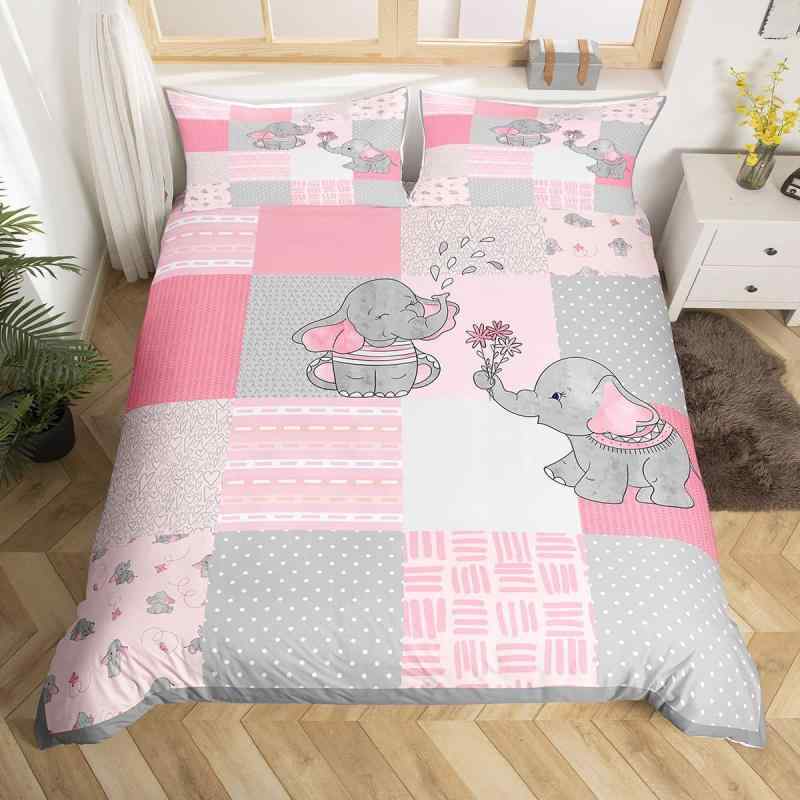 寝具セット レディース 女性 ティーン かわいい エレファント柄 ゾウ キャラクター ピンク 白 ストライ..