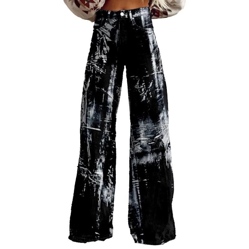 デニムパンツ レディース 春夏 抗菌 フレア ベルボトム ゆったり ルーズ レトロ ヴィンテージ 花柄 フラワー柄 カジュアル ロング丈 大人 ポリエステル