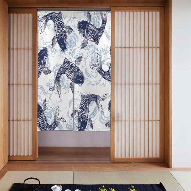 のれん 目隠し 間仕切り 風水 新中華風 錦鯉 波模様 ボタニカル柄 ブルー ポリエステル製 寝室 キッチン 玄関 リビング 書斎 ダイニング用