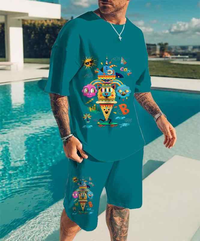 セットアップ メンズ 春夏 半袖 Tシャツ ショートパンツ 上下セット 抽象 モンスター 3Dプリント 薄手 ポリエステル スポーツ 部屋着 リラックスウェア カジュアル