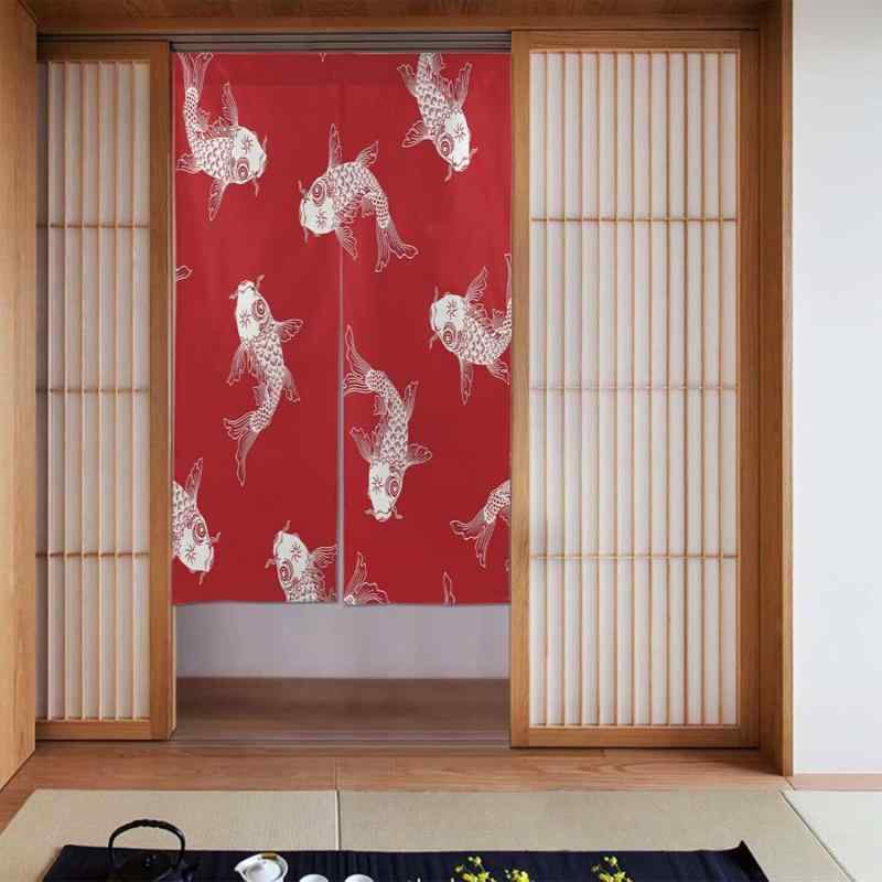 のれん 錦鯉 アートデザイン 赤 植物花柄 新中国風 間仕切り 目隠し 風水 風除け 寝室 キッチン リビン..