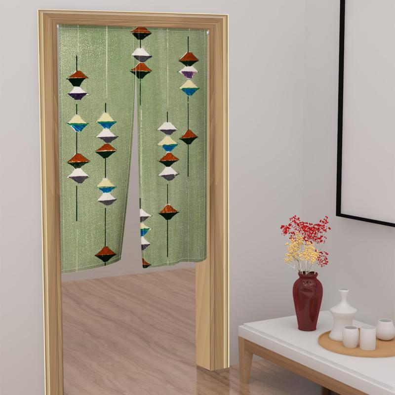 のれん 緑 幾何学模様 布製 ポリエステル 和モダン 間仕切り 目隠し 冷暖房効率アップ ドアカーテン ショート丈 キッチン リビング 寝室 玄関 廊下 脱衣所