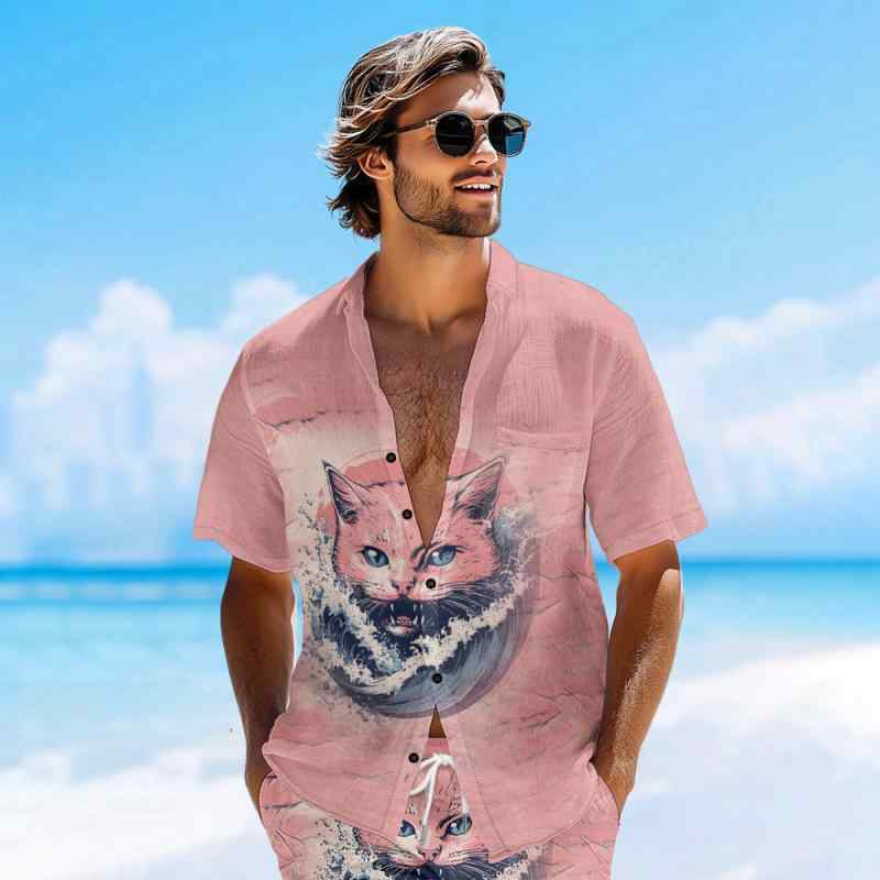 アロハシャツ メンズ ハワイアン リゾート ビーチスタイル 動物イラスト 開襟 半袖 薄手 軽量 通気性 速乾 ストレッチ 洗濯機OK ゆったり ストリート カジュアル 春夏